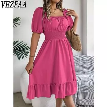 VEZFAA женские модные летние весенние однотонные повседневные платья с короткими рукавами и квадратным воротником и высокой талией S хаки