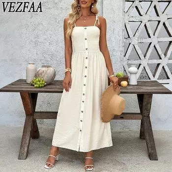 VEZFAA женские модные летние весенние однотонные повседневные платья без рукавов с подтяжками и высокой талией S абрикосовый