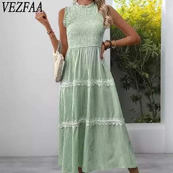 VEZFAA женские модные летние весенние однотонные повседневные платья без рукавов с круглым вырезом и высокой талией S синий