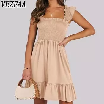 VEZFAA женские модные летние весенние однотонные повседневные платья с короткими рукавами и квадратным воротником и высокой талией S темно-синий