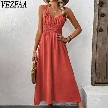 VEZFAA женские модные летние весенние однотонные повседневные платья без рукавов с v-образным вырезом и высокой талией S красное дерево