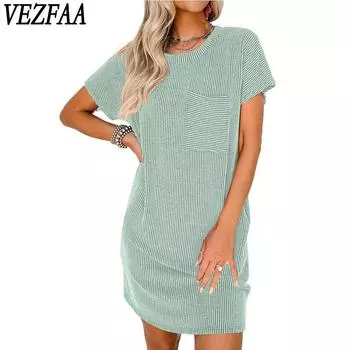 VEZFAA женские модные летние весенние однотонные принты с короткими рукавами и круглым вырезом трапециевидной формы, свободные повседневные платья с талией S светло-зеленый