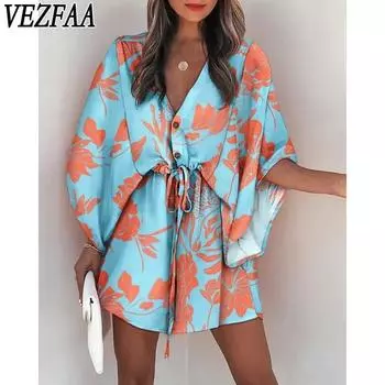 VEZFAA женские модные летние весенние повседневные платья с короткими рукавами и v-образным вырезом и высокой талией S