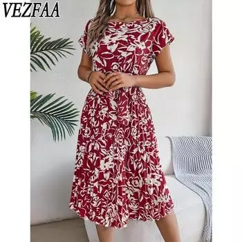 VEZFAA женские модные летние весенние повседневные платья с цветочным узором и коротким рукавом с круглым вырезом и высокой талией S бордовый