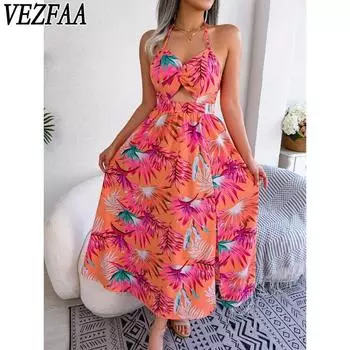 VEZFAA женские модные летние весенние повседневные платья без рукавов с высокой талией и цветочным принтом S белый