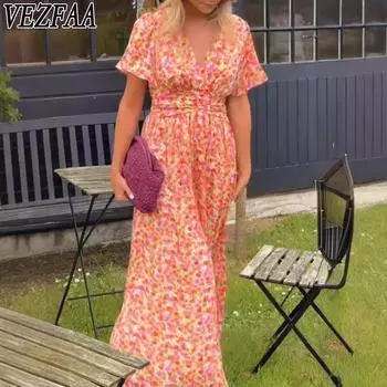VEZFAA женские модные летние весенние повседневные платья с цветочным узором и коротким рукавом с v-образным вырезом и высокой талией S оранжевый