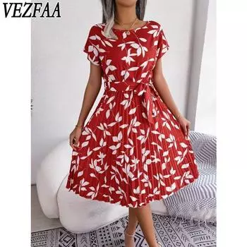 VEZFAA женские модные летние весенние повседневные платья с цветочным узором и коротким рукавом с круглым вырезом и высокой талией S бордовый