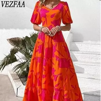 VEZFAA женские модные летние весенние повседневные платья с цветочным узором и коротким рукавом с v-образным вырезом и высокой талией S розовый