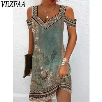 VEZFAA женские модные летние весенние повседневные платья с цветочным узором и коротким рукавом с v-образным вырезом и высокой талией S
