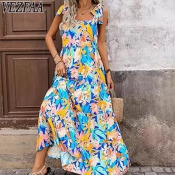 VEZFAA Женские модные летние весенние повседневные платья без рукавов с квадратным воротником и высокой талией в полоску S тёмно-синий