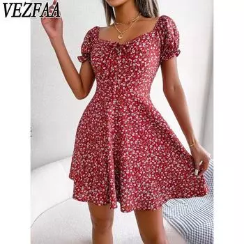 VEZFAA женские модные летние весенние повседневные платья с цветочным узором и коротким рукавом с квадратным воротником и высокой талией S красный