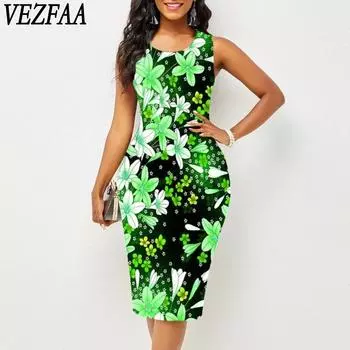 VEZFAA женские модные летние весенние повседневные платья без рукавов с цветочным узором и круглым вырезом с высокой талией S