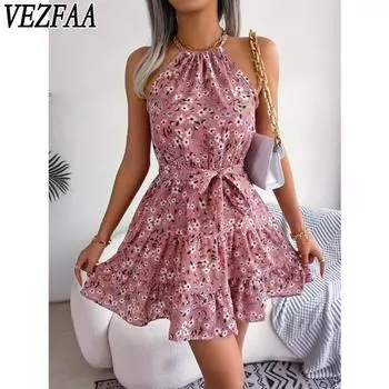 VEZFAA женские модные летние весенние повседневные платья без рукавов с цветочным узором и круглым вырезом с высокой талией S розовый