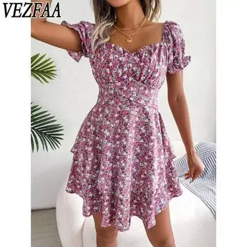 VEZFAA женские модные летние весенние повседневные платья с цветочным узором и коротким рукавом с квадратным воротником и высокой талией S красный