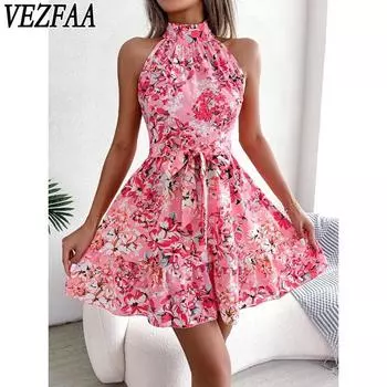 VEZFAA женские модные летние весенние повседневные платья без рукавов с цветочным узором и полуводолазкой с высокой талией S розовый