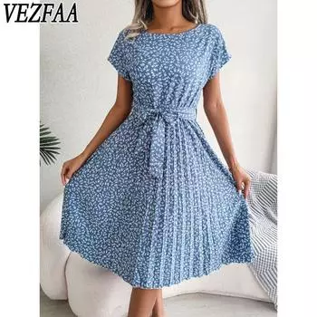 VEZFAA женские модные летние весенние повседневные платья с цветочным узором и коротким рукавом с круглым вырезом и высокой талией S зелёный