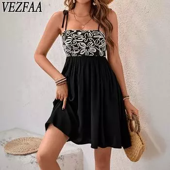 VEZFAA женские модные летние весенние повседневные платья без рукавов с цветочным узором на подтяжках и высокой талией S чёрный