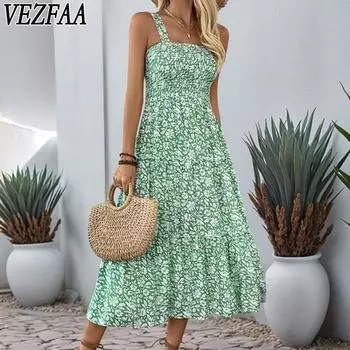 VEZFAA женские модные летние весенние повседневные платья без рукавов с цветочным узором на подтяжках и высокой талией S