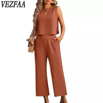 VEZFAA женские модные однотонные топы без рукавов с круглым вырезом и принтом, брюки, костюмы S оранжевый