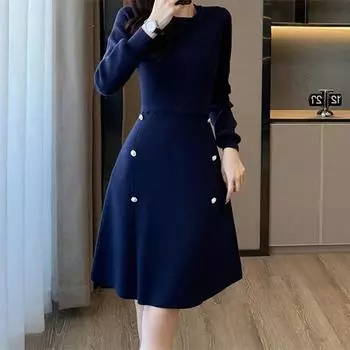 VEZFAA женские модные осенне-зимние однотонные повседневные платья с длинным рукавом и круглым вырезом с высокой талией и принтом