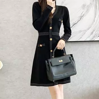 VEZFAA женские модные осенне-зимние однотонные повседневные платья с длинным рукавом и v-образным вырезом и высокой талией