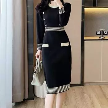 VEZFAA женские модные осенне-зимние однотонные повседневные платья с длинным рукавом и круглым вырезом с высокой талией и принтом