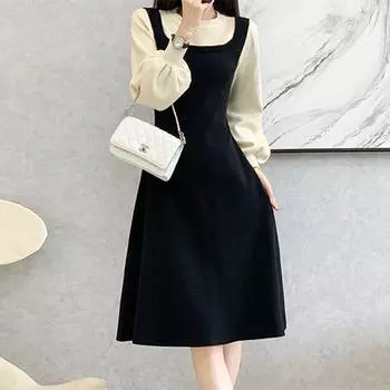 VEZFAA женские модные осенне-зимние однотонные повседневные платья с длинным рукавом и круглым вырезом с высокой талией и принтом