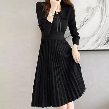 VEZFAA женские модные осенне-зимние однотонные повседневные платья с длинным рукавом и v-образным вырезом и высокой талией