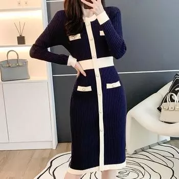 VEZFAA женские модные осенне-зимние однотонные повседневные платья с длинным рукавом и круглым вырезом с высокой талией и принтом