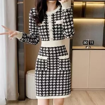 VEZFAA женские модные осенне-зимние повседневные платья с длинным рукавом и круглым вырезом с высокой талией и принтом «гусиные лапки»