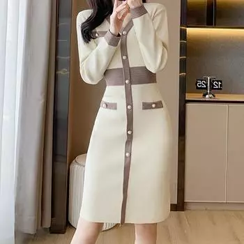 VEZFAA женские модные осенне-зимние повседневные платья с длинным рукавом и v-образным вырезом и высокой талией