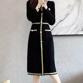 VEZFAA женские модные осенне-зимние повседневные платья с длинным рукавом и круглым вырезом с высокой талией