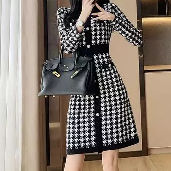 VEZFAA женские модные осенне-зимние повседневные платья с длинными рукавами и принтом «гусиные лапки» и воротником-поло с высокой талией