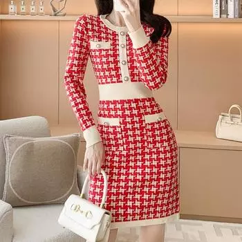 VEZFAA женские модные осенне-зимние повседневные платья с геометрическим принтом и длинными рукавами и круглым вырезом с высокой талией