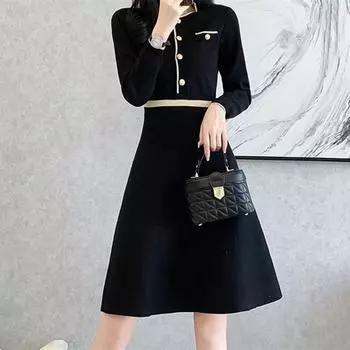 VEZFAA женские модные осенне-зимние повседневные платья с длинным рукавом и круглым вырезом с высокой талией