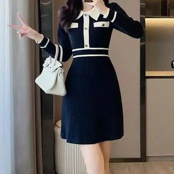 VEZFAA женские модные осенне-зимние повседневные платья с длинными рукавами и воротником-поло с высокой талией