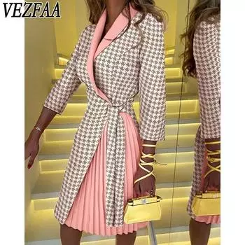 VEZFAA женские модные осенне-зимние повседневные платья с рукавами 3/4 и v-образным вырезом со средней талией