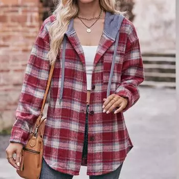 VEZFAA женские модные повседневные блузки и рубашки с капюшоном и длинными рукавами в клетку с принтом