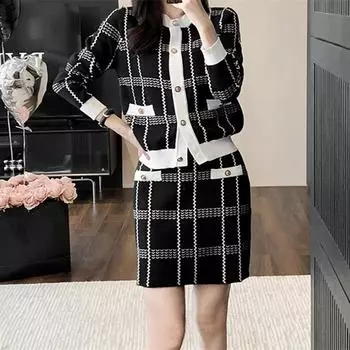 VEZFAA женские модные повседневные геометрические принты осенне-зимние костюмы с юбкой и круглым вырезом с длинными рукавами