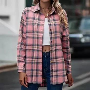 VEZFAA женские модные повседневные клетчатые блузки и рубашки-поло с длинными рукавами и воротником-стойкой