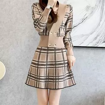 VEZFAA женские модные повседневные клетчатые полосатые принты осень-зима с длинными рукавами и v-образным вырезом юбка костюмы