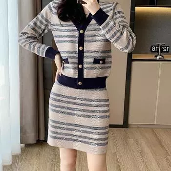 VEZFAA женские модные повседневные костюмы с юбкой в полоску и принтом на осень и зиму с длинными рукавами и v-образным вырезом