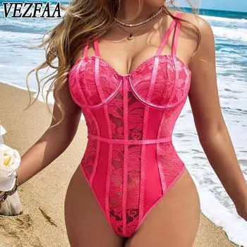 VEZFAA женские модные повседневные кружевные принты лето весна подтяжки без рукавов сексуальные боди XS синий