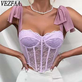 VEZFAA женские модные повседневные кружевные топы на бретелях с принтом сексуальные тонкие подтяжки без рукавов футболки и топы майки и майки S фиолетовый