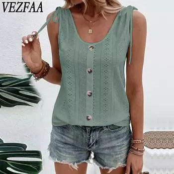 VEZFAA женские модные повседневные летние однотонные блузки и рубашки без рукавов с v-образным вырезом и принтом S чёрный