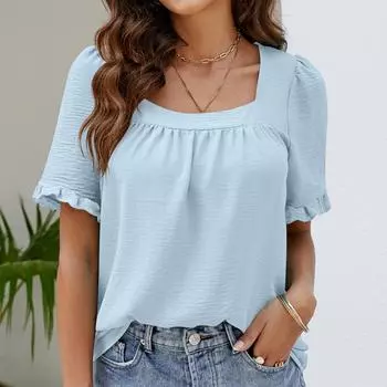 VEZFAA женские модные повседневные летние однотонные блузки и рубашки с короткими рукавами и квадратным воротником с принтом