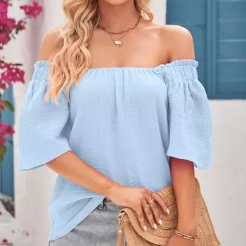 VEZFAA женские модные повседневные летние однотонные блузки и рубашки на одно плечо с принтом и рукавами 1/2
