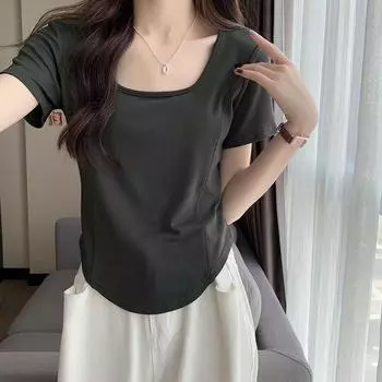 VEZFAA женские модные повседневные летние однотонные блузки и рубашки с короткими рукавами и квадратным воротником с принтом