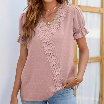 VEZFAA женские модные повседневные летние однотонные блузки и рубашки с короткими рукавами и v-образным вырезом с принтом