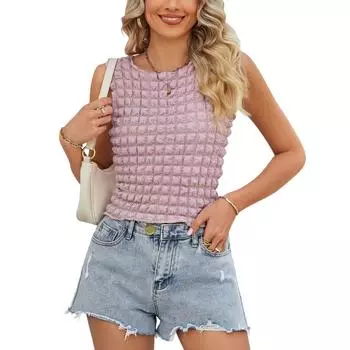 VEZFAA женские модные повседневные летние однотонные блузки и рубашки без рукавов с круглым вырезом и принтом